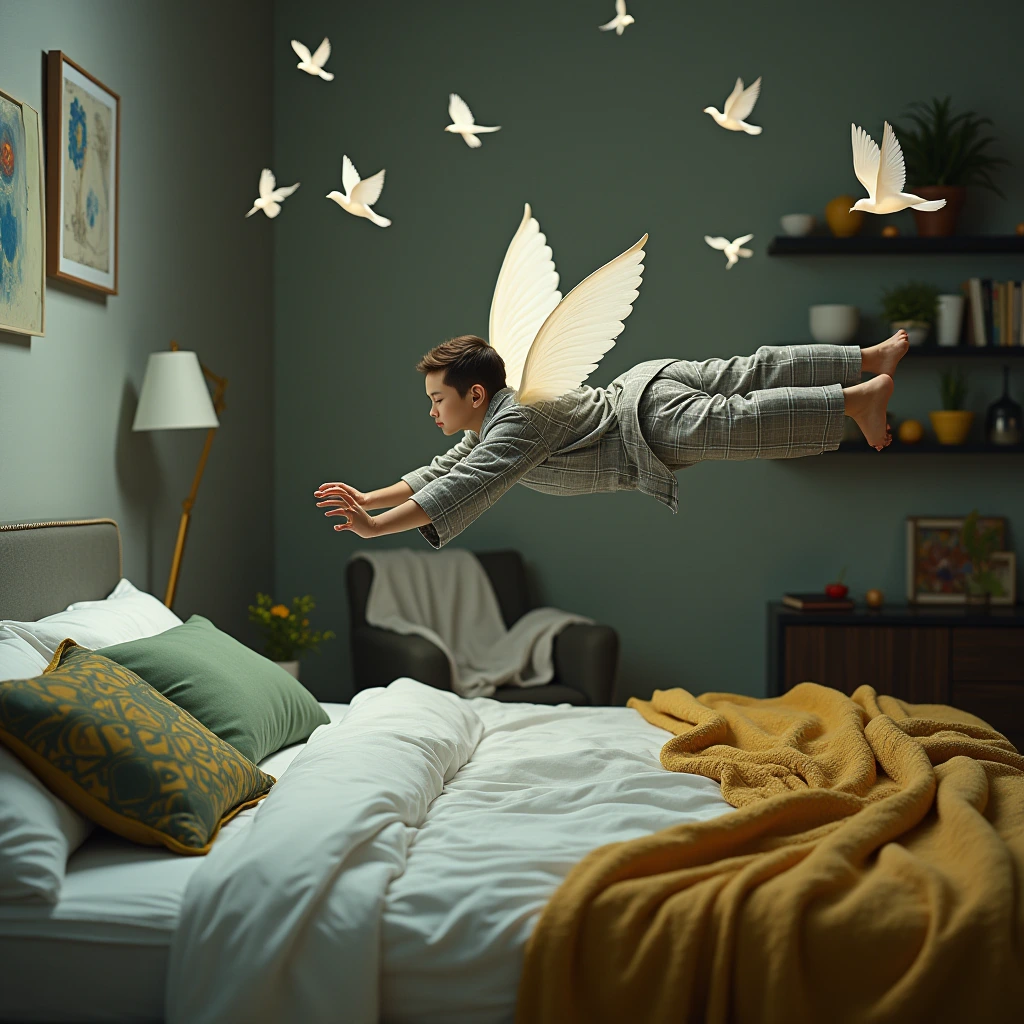 A surreal image of a modern, well-lit bedroom full of white clouds floating with birds and small aircraft with a man levitating horizontally above a bed. The man wearing a gray plaid pajama, and appears to be in a deep sleep or relaxed state, with his eyes closed. while the rest of his body is suspended in the air. The bed below him has a white, slightly disheveled sheet, with a mustard yellow blanket partially draped over the side. There are two pillows on the bed, one green and another with a colorful geometric pattern. In the background, a cozy upholstered chair with a white blanket draped over it is visible. To the left, there is an open shelf with books and decorative objects, Elusive bright Naturalism, in the style of Tim Burton, Herakut, and Greg Simpkins, Modern Art, fantastic Dadaism, intricate details, surreal emotion art, interesting emotional expression, highly textured détails, vivid colors reflects, in fractals . A surreal image of an adorable ghost surrounded by beautiful orange, red, purple laser light patterns shining around her Atomic impression of magnetic flux  stylized as energy and magnetic flux lines, free-floating optical trap display in the physical space,, 3D hologram casting eerie shadows against a dark, moody background. High definition, close-up shot, supernatural and mysterious, reminiscent of surrealist art. as a textured in a magnificent oil painting by Renoir. collage. many round spheres. A young flower fairy with delicate wings gracefully riding inside a delicate leaf, ca