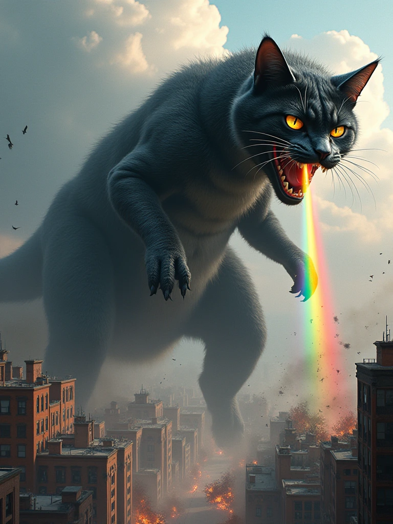 A majestic black tabby cat with the features of a T-Rex towers over a bustling cityscape. Its reptilian eyes gleam with power and mischief as it unleashes a vibrant rainbow beam from its jaws. 

The cat's massive, muscular frame casts a looming shadow over the city below. Buildings crumble in its wake, as chaos and destruction ensue. Yet, amidst the mayhem, there is a blend of colorful magic - the rainbow beam emanating from the cat's mouth seems to infuse the scene with an otherworldly, photorealistic quality.

The juxtaposition of the cat's feline features with its T-Rex-like physique creates a captivating and fantastical creature. Its presence overwhelms the cityscape, challenging the viewer's sense of scale and perspective. This blending of the natural and the supernatural, the familiar and the bizarre, results in a truly awe-inspiring and visually stunning image.