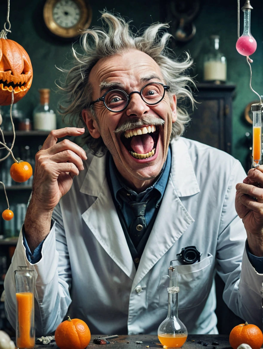 A mad scientist is laughing in joy at his monstrous creation spooky vibe, surrealist style, fantastical, magical, unexpected, super detail, dreamy lo-fi photography, colorful