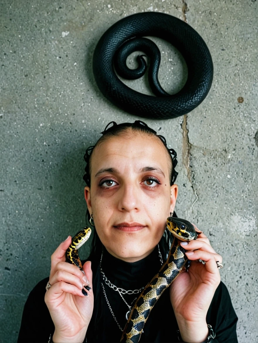 A female goth with piercings and a pet snake