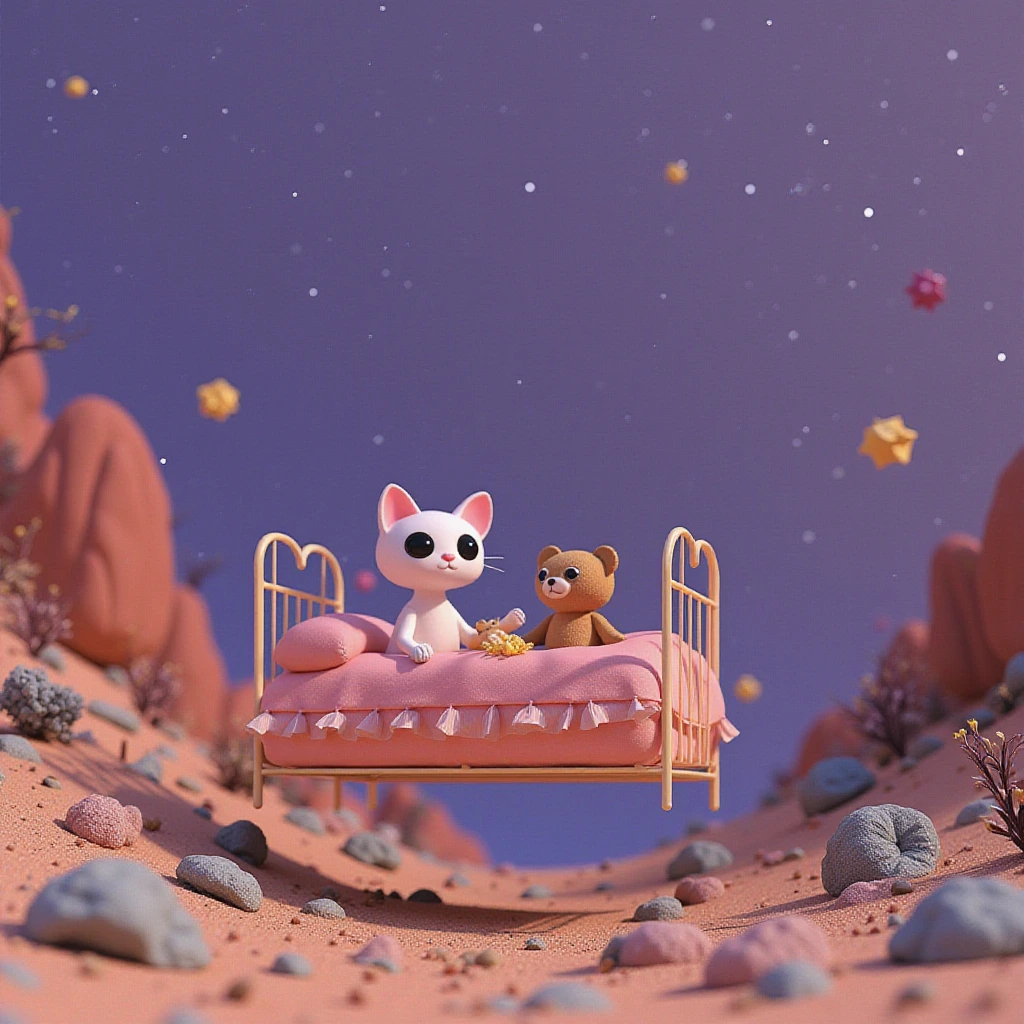 An otherworldly landscape inspired by Salvador Dali's surreal style, where a cat and teddy bear are in a floating bed, is placed under a starry purple sky, surrounded by bizarre and dreamlike scenery. Surrealistic art inspired by Salvador Dali's art