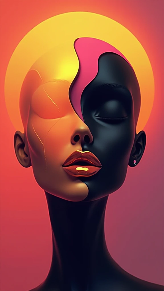 A surreal digital illustration of a stylized human face made up of abstract, fluid shapes, with a combination of smooth, flowing lines and sharp geometric edges. The left side of the face is formed by a mix of vibrant sunset hues, including deep oranges, pinks, and golds, while the right side features a more rigid, sleek black, sculpted form with minimalist features. The lips are bright metallic gold and glossy, positioned centrally, creating a striking focal point. The background is a gradient that transitions from warm coral at the center to a rich violet at the edges, giving a glowing effect behind the abstract face. The overall style is futuristic and artistic, with a strong emphasis on contrast and symmetry.