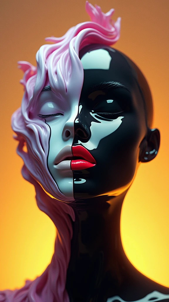 A surreal digital illustration of a glossy stylized human face with closed eyes made up of abstract, fluid shapes, with a combination of smooth, flowing lines and sharp geometric edges. The left side of the face is formed by a mix of colorful, swirling liquid shapes moving upwards in shades of purple, teal and white and covering half of the face entirely, while the right side features a more rigid, black, separated sharply in the middle. sculpted form with minimalist features. The lips are bright red and glossy, positioned centrally, creating a striking focal point. The background is a gradient that transitions from warm yellow-orange at the center to a darker shade at the edges, giving a glowing effect behind the abstract face. The overall style is futuristic and artistic, with a strong emphasis on contrast and symmetry.