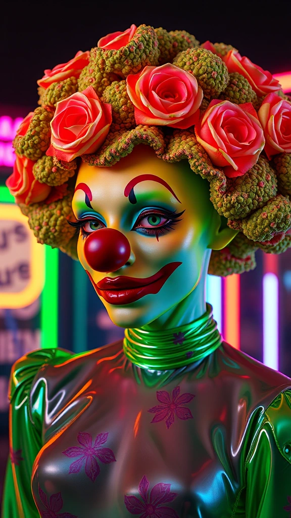 Neon colors, floral, unsettling, retro, vintage, glossy, satin-like, night-time, futuristic, iridescent,green , clown nose, futuristic fashion, scary broccoli whimsical, fantasy, green latex, dystopian, outdoors, metallic, hybrid, water, translucent, eerie, unsettling surrealism, muted colors horrorcore aesthetic [add buxom]