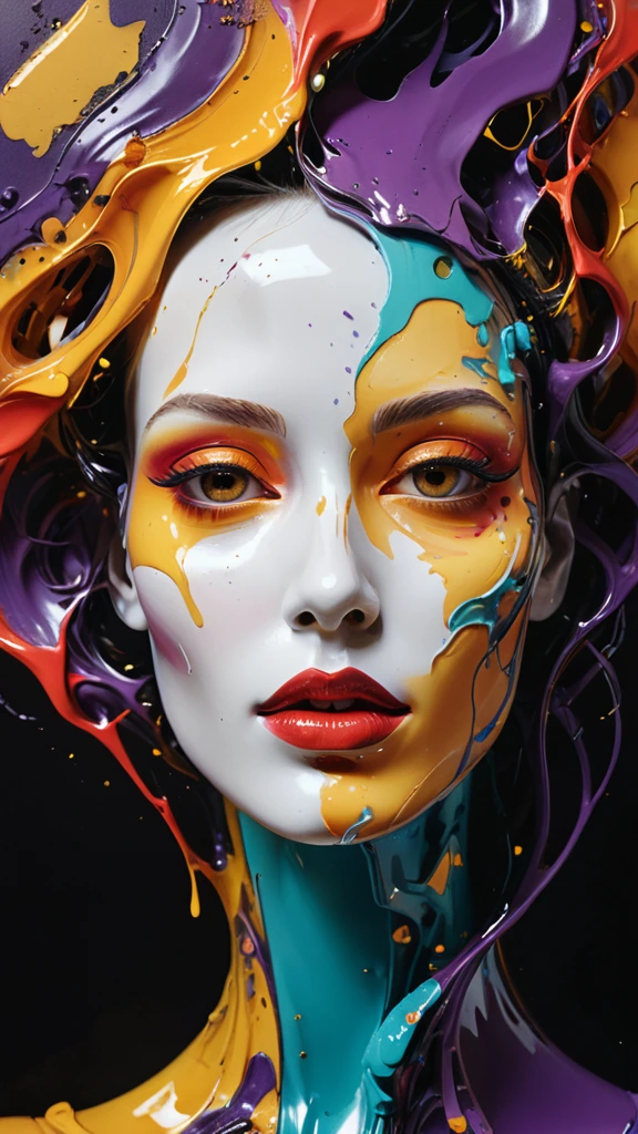 A surreal digital illustration of a stylized human face made up of abstract, fluid shapes, with a combination of smooth, flowing lines and sharp geometric edges. The left side of the face is formed by a mix of colorful, swirling liquid shapes in shades of glittery golden specks, purple, teal, and black, wet dripping down, while the right side features a more rigid cybernetic, white, sculpted form with digital and mechanical features. The lips are bright red and glossy, positioned centrally, creating a striking focal point. The background is an eerie prison cell red graffiti that transitions from warm yellow-orange at the center to a darker shade at the edges, giving a glowing effect behind the abstract face. The overall style is futuristic and artistic, with a strong emphasis on contrast and symmetry.