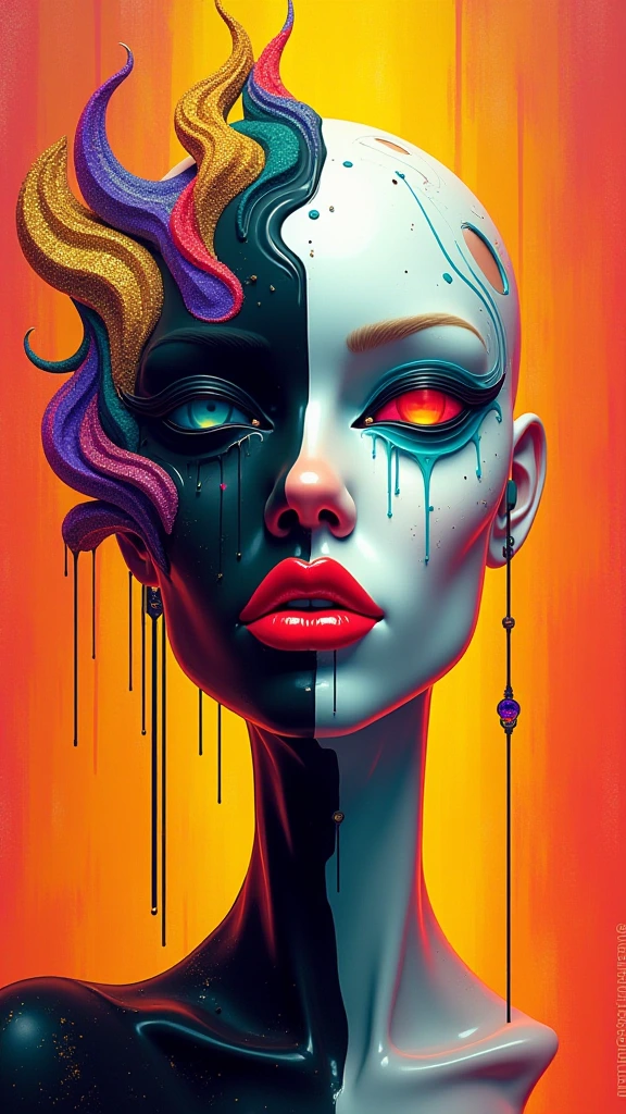 A surreal digital illustration of a stylized human face made up of abstract, fluid shapes, with a combination of smooth, flowing lines and sharp geometric edges. The left side of the face is formed by a mix of colorful, swirling liquid shapes in shades of glittery golden specks, purple, teal, and black, wet dripping down, while the right side features a more rigid cybernetic, white, sculpted form with digital and mechanical features. The lips are bright red and glossy, positioned centrally, creating a striking focal point. The background is an eerie prison cell red graffiti that transitions from warm yellow-orange at the center to a darker shade at the edges, giving a glowing effect behind the abstract face. The overall style is futuristic and artistic, with a strong emphasis on contrast and symmetry.