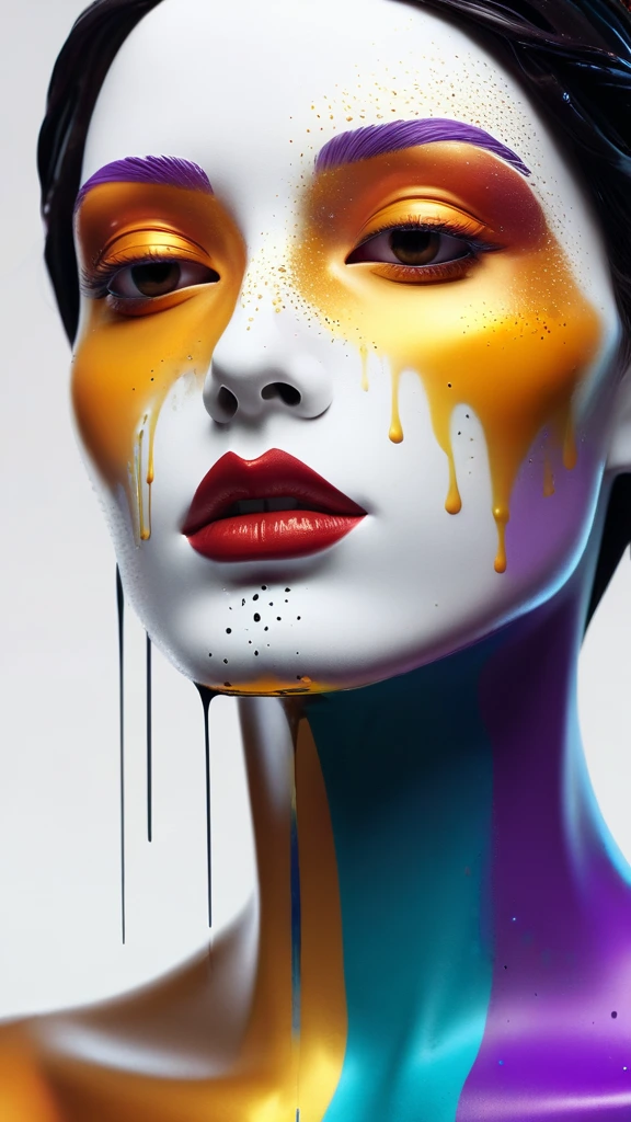 A surreal digital illustration of a stylized human face made up of abstract, fluid shapes, with a combination of smooth, flowing lines and sharp geometric edges. The left side of the face is formed by a mix of colorful, swirling liquid shapes in shades of glittery golden specks, purple, teal, and black, wet dripping down, while the right side features a more rigid cybernetic, white, sculpted form with digital and mechanical features. The lips are bright red and glossy, positioned centrally, creating a striking focal point. The background is an eerie prison cell red graffiti that transitions from warm yellow-orange at the center to a darker shade at the edges, giving a glowing effect behind the abstract face. The overall style is futuristic and artistic, with a strong emphasis on contrast and symmetry.