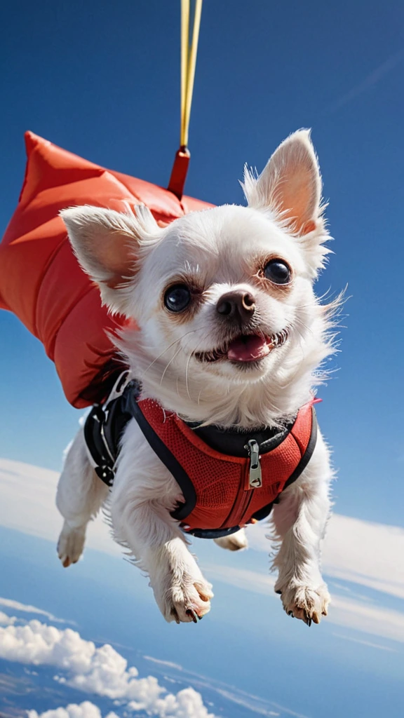 A fearless westhighland terrier  gracefully skydiving from a plane high above, wearing a vibrant red parachute with a confident expression on its face, capturing the perfect moment of adventure and courage in mid-air. The clear blue sky and fluffy white clouds create a stunning backdrop, while the sunlight illuminates the tiny details of the Chihuahua's sleek coat, emphasizing the exhilaration and thrill of this daring feat. An action-packed, adrenaline-filled snapshot in high definition.