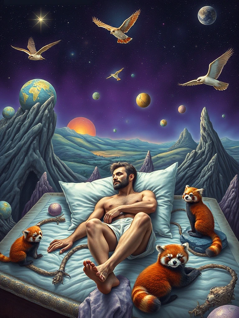 An otherworldly landscape inspired by Salvador Dali's surreal style, where a whimsical muscle shirtless man lying in bed is placed under a starry purple sky, surrounded by bizarre and dreamlike scenery with creatures as brown owls and red pandas cub . Hyper detailed.