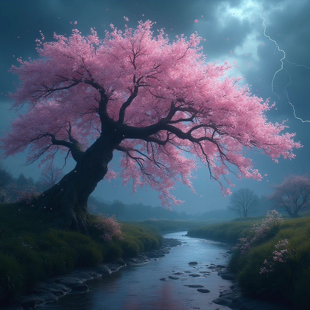 Generate a high-resolution, photorealistic image of a beautiful cherry tree in full bloom by a stream in a thunderstorm. The arrangement of windswept blossoms and boughs against the stormy sky creates the illusion of something that seems to resemble a haunting visage in the canopy, something like a demonic skull appearing and disappearing as the branches are blown by swirling winds
, hyper-detailed, rendered in 8k resolution.