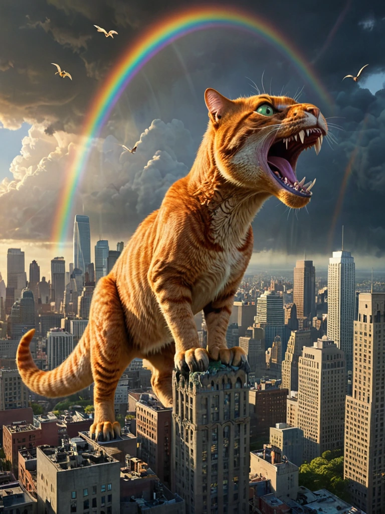 A majestic orange tabby cat with the features of a T-Rex towers over a bustling cityscape. Its reptilian eyes gleam with power and mischief as it unleashes a vibrant rainbow beam from its jaws. 

The cat's massive, muscular frame casts a looming shadow over the city below. Buildings crumble in its wake, as chaos and destruction ensue. Yet, amidst the mayhem, there is a blend of colorful magic - the rainbow beam emanating from the cat's mouth seems to infuse the scene with an otherworldly, photorealistic quality.

The juxtaposition of the cat's feline features with its T-Rex-like physique creates a captivating and fantastical creature. Its presence overwhelms the cityscape, challenging the viewer's sense of scale and perspective. This blending of the natural and the supernatural, the familiar and the bizarre, results in a truly awe-inspiring and visually stunning image.