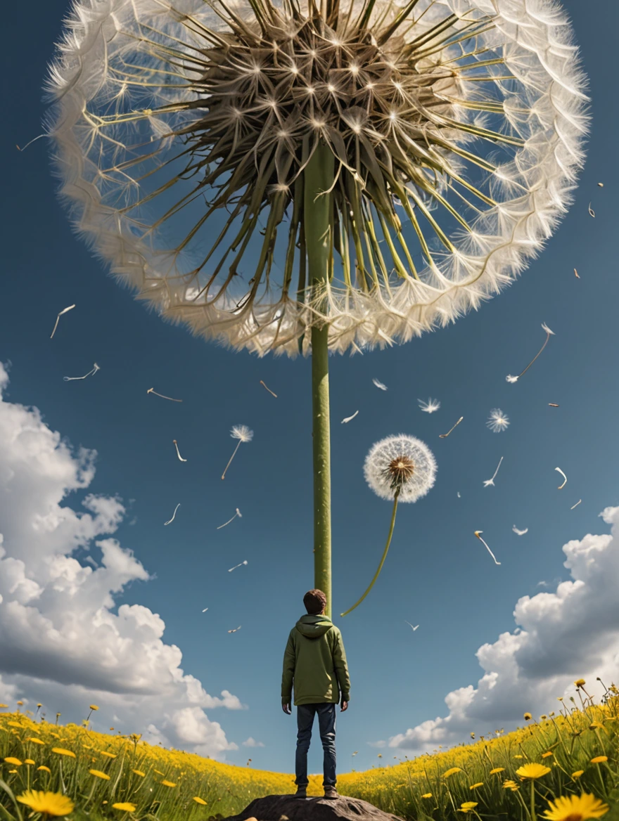 tiny man standing under a giant dandelion