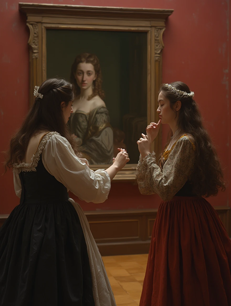 In a museum room, a 17th-century woman takes her hand out of the painting, a visitor from 2024 gives her a hand kiss, professional color photography. oil painting with visible brush strokes