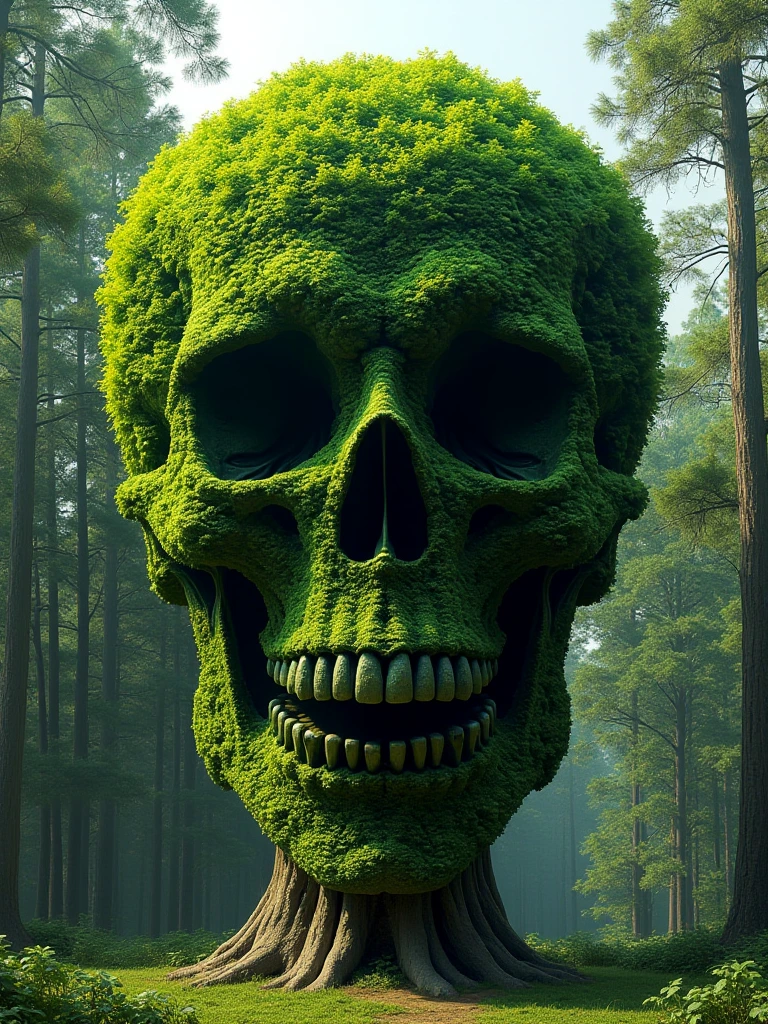 A breathtakingly realistic 8K resolution photograph of a large, lush tree in a tranquil forest setting. The dense canopy of green leaves at the top of the tree has been meticulously arranged to form the subtle yet unmistakable outline of a demonic skull face. The skull is crafted entirely from the natural shapes and textures of the leaves, with the background forest visible through the spaces between the leaves to create the impression of the skull's features. The design is remarkably intricate, requiring close inspection to fully discern the eerie visage hidden within the treetop. The lighting is natural and the details are crisp, creating a sense of photographic realism. Everything about the image, from the tree's majestic form to the unsettling skull hidden within, should captivate the viewer's attention.