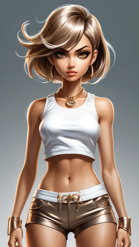 An alluring anime girl with a glamour edge, sexy a trendy combination of a stylish top and short. Inspired by the distinctive style of Adi Granov, the image features a unique blend of light bronze and White tones, creating an exotic and eye-catching look. The character caricatures add a touch of playfulness, muse, while maintaining a crisp and clean appearance. With a hint of hatecore vibes and a nod to Alexis Gritchenko, this composition captures the essence of artistic rebellion add under foto text XF1.