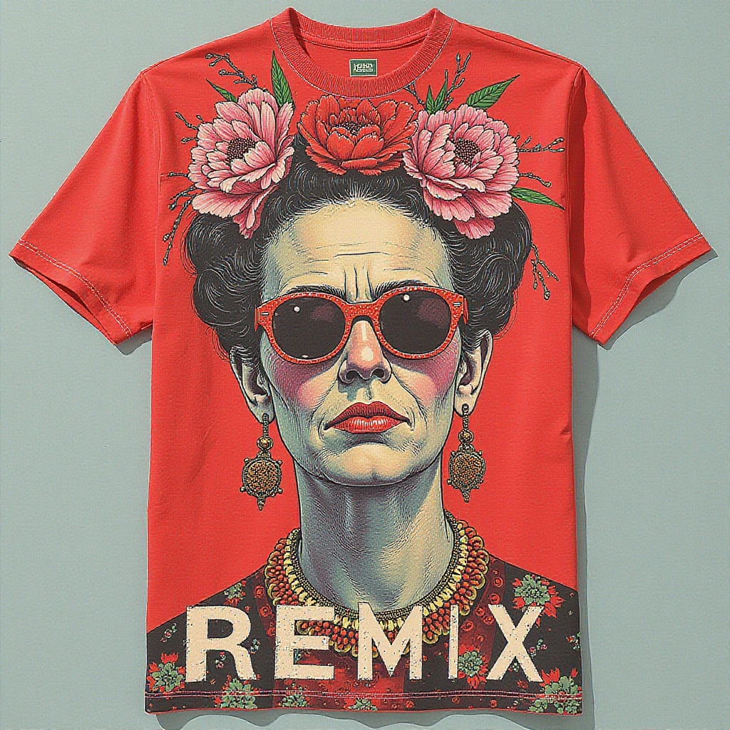 A wild proliferation of styles Friday Kahlo displayed under the word "REMIX". Red tshirt design