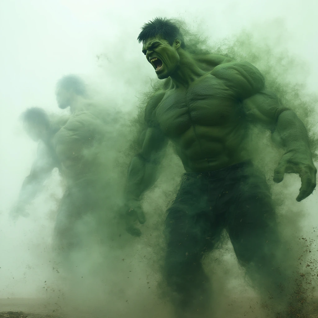 A multiple exposure photography scene in deferent positions capturing Mark Ruffalo with Halk, Mark Ruffalo turns to a massive Hulk with pain and screeming with sound waves effects. The image shows several layers of the transformation in different stages of a flowing Mark Ruffalo move, blending together with blurred transitions. Each layer highlights different points in the movement, from a man till he become the Hulk, creating a sense of fluidity, control, and power. The overlapping layers give the composition a dynamic and abstract quality, emphasizing the energy and pain and massive power of the Hulk.