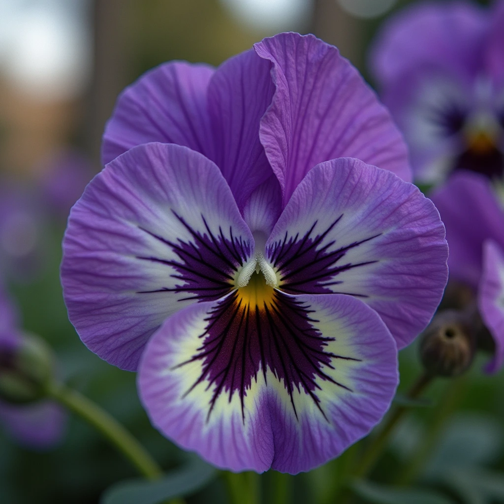 Zoomorphic purple pansy, macro photo in the style of Robert Crumb, Stanley George Miller, and Arnulf Rainer.