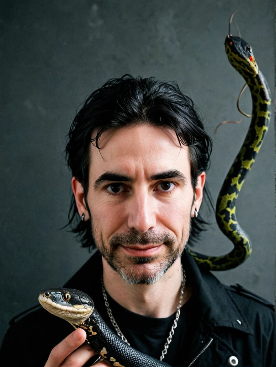 A male goth with piercings and a pet snake