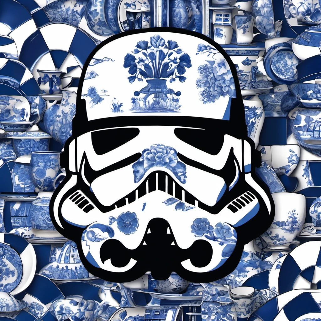 Create a storm trooper skul, pieced together from broken delftware and chinaware.