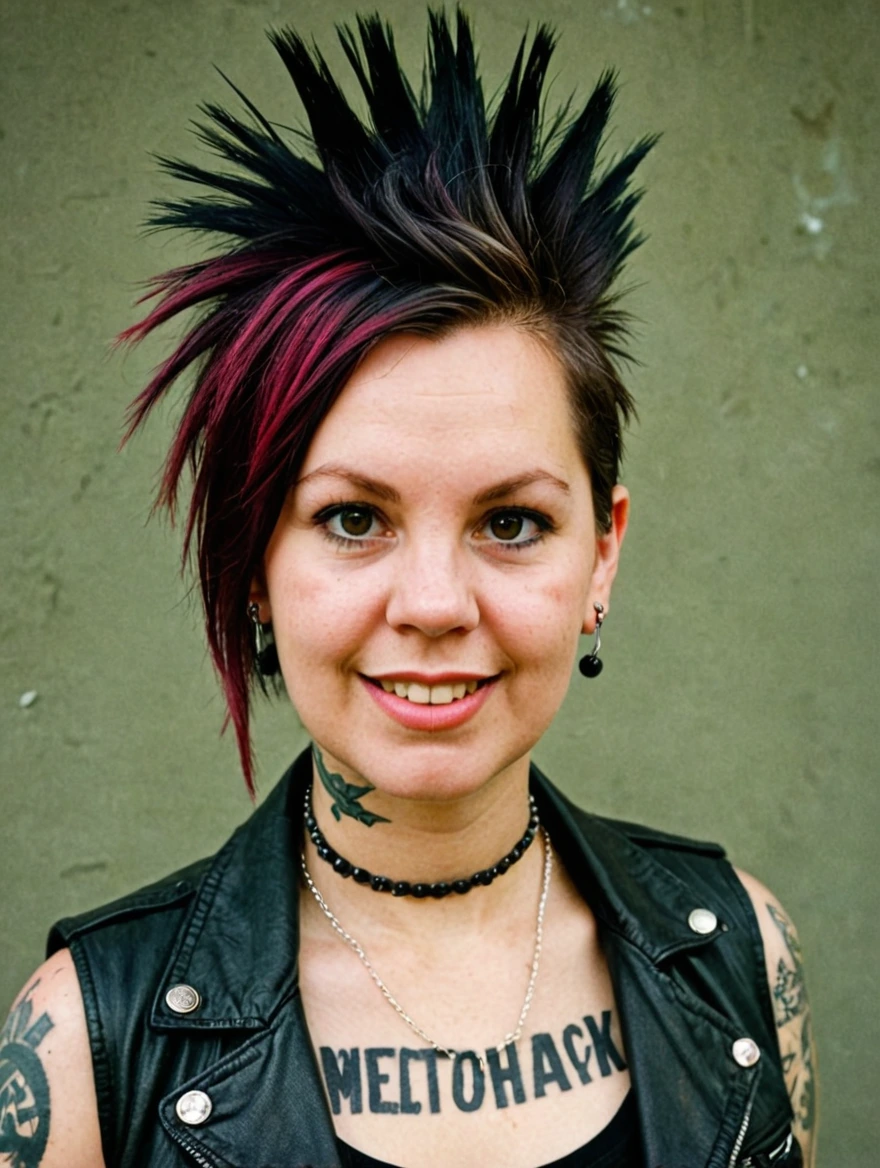 A female punk rocker with tattoos & a mohawk