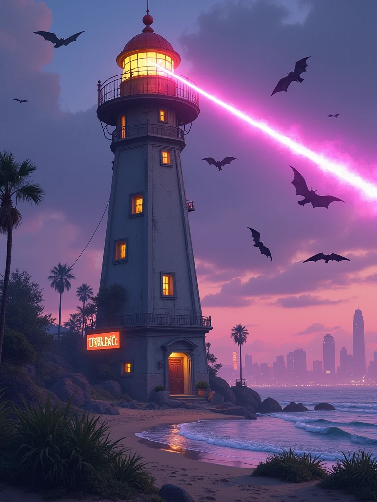 A highly detailed digital painting of a 1960s-inspired steampunk lighthouse, towering over an urban beach at dusk. The lighthouse blends classic steampunk elements with futuristic enhancements, glowing circuits and panels seamlessly integrated into the top of its retro architecture. From its top, a powerful laser beam strikes big bat creatures flying from the sea towards the city. The urban landscape features holographic billboards, neon signs, and a hazy purple sky with a dreamlike skyline, while overgrown vegetation at the tower's base adds a touch of nature to the technological setting. High resolution captures the serene yet vibrant atmosphere, contrasting the dreamy and cozy vibe with the laser's violent neon glow.