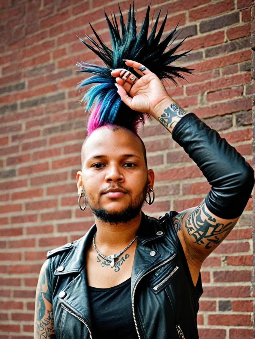 A female punk rocker with tattoos & a mohawk