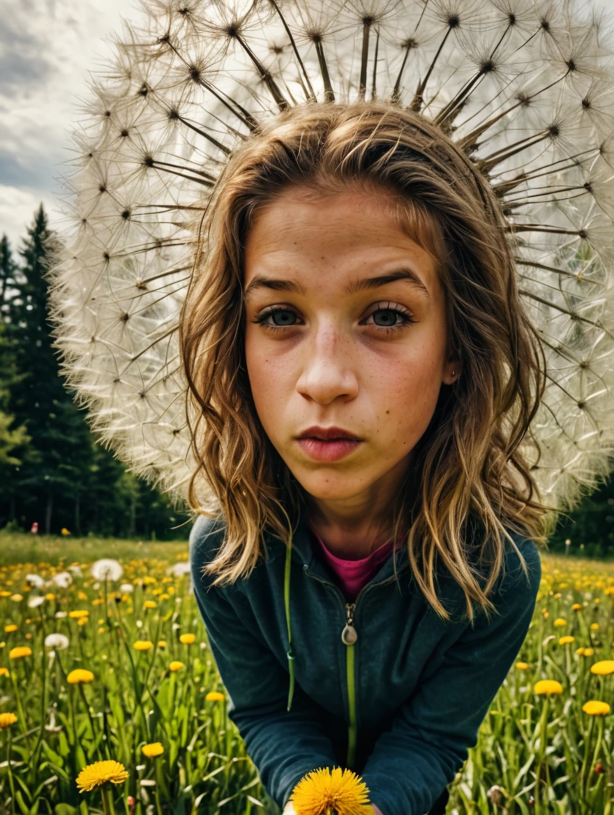 tiny woman standing under a giant dandelion