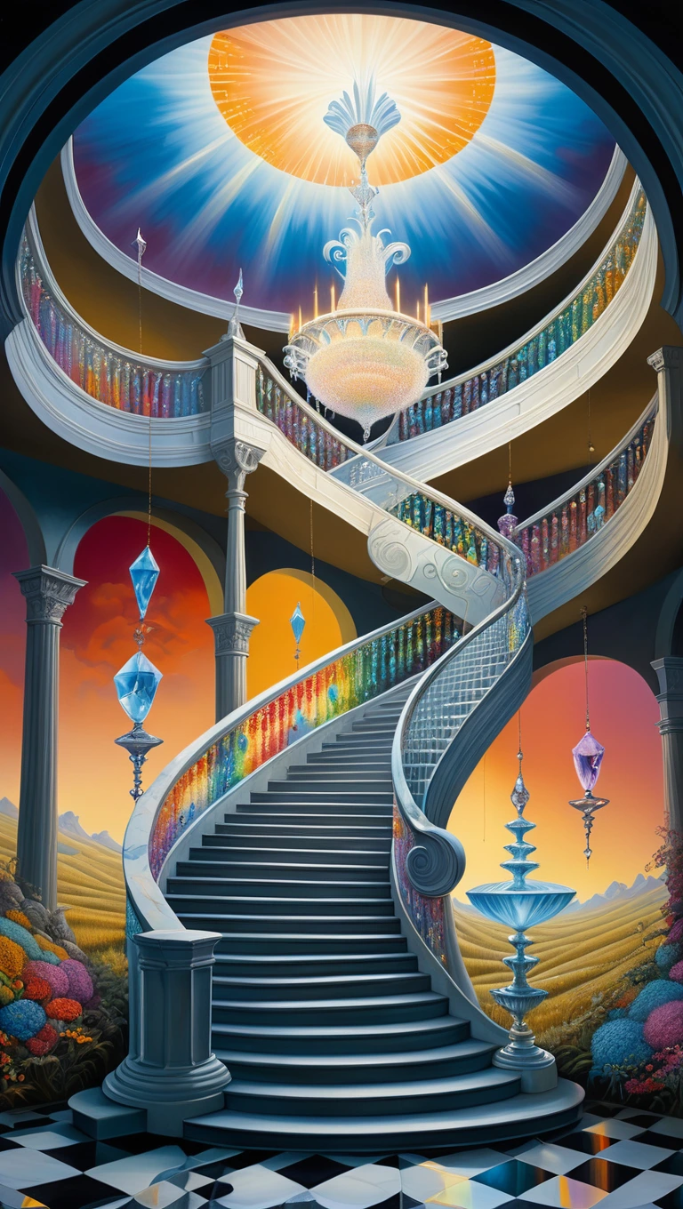 A surreal dreamlike scene of a pristine white marble staircase, adorned with shimmering crystal chandeliers casting rainbow reflections all around, creating a mesmerizing and elegant atmosphere. A surrealistic painting by Tim Burton infused with Dr. Seuss's whimsical charm, featuring a mesmerizing hyper-recursive Droste effect, drawing viewers deep into its intricate layers. The composition juxtaposes self-indulgence against fleeting equilibrium, influenced by the artistic style of Robert Lee Portrait, enhanced by L-system tessellation and Doppler-like visual effects. Expect to be enchanted by this intricate artwork's layers and thought-provoking symbolism, captured in fine detail. A dreamlike setting with sunset hues casting a golden glow over a vast field of wildflowers, reminiscent of Anton Semenov and Michael Cheval's dark fantasy and whimsical absurdity, portrayed in cinematic 8K realism with intricate detail.