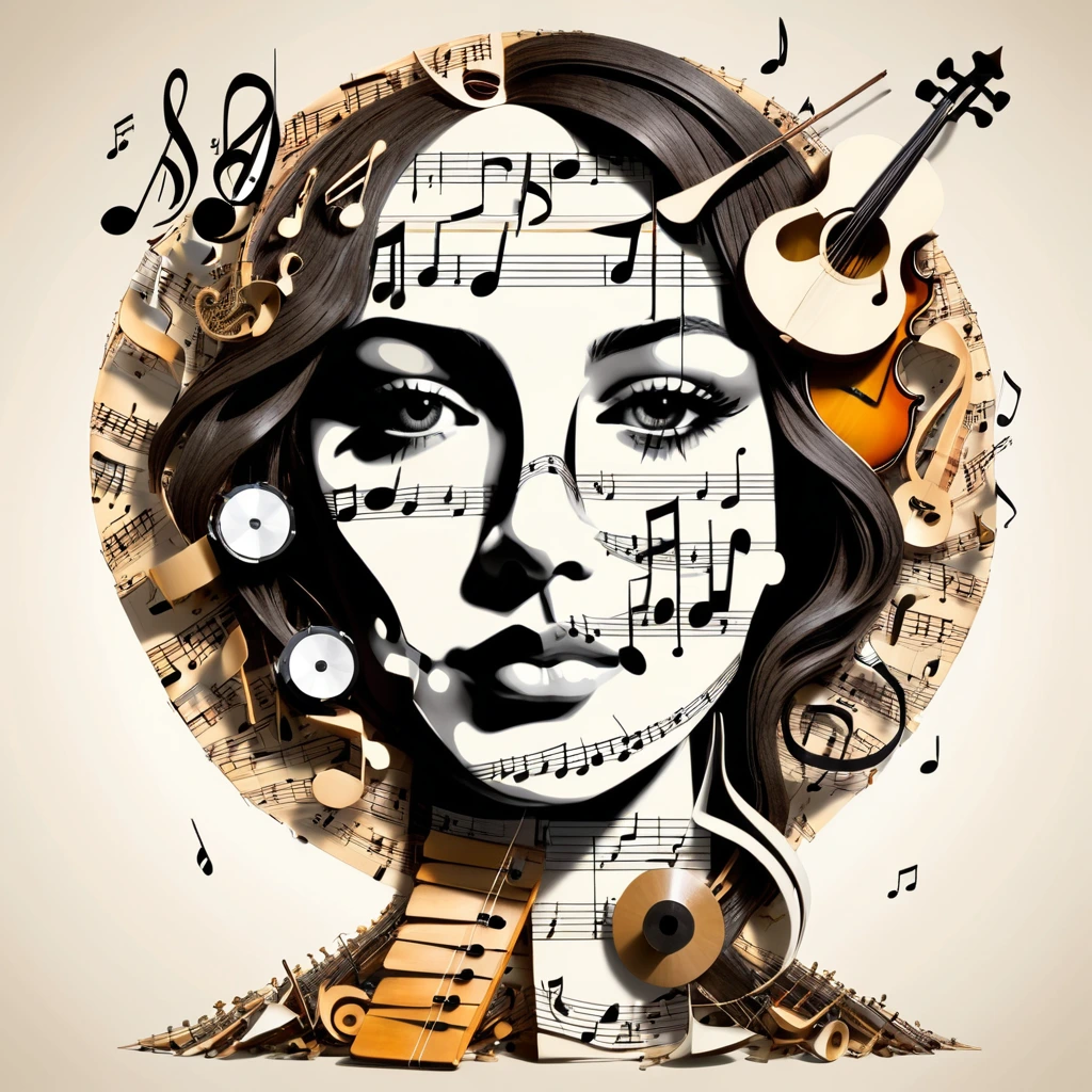 Create a womans face, pieced together from broken musical instruments and music notes