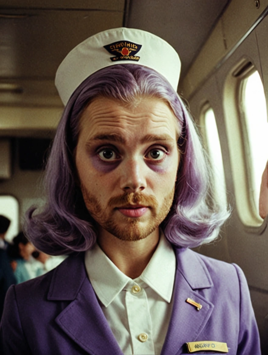 1960s horror stewardess with pastel purple hair