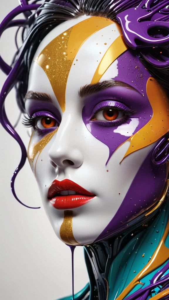 A surreal digital illustration of a stylized human face made up of abstract, fluid shapes, with a combination of smooth, flowing lines and sharp geometric edges. The left side of the face is formed by a mix of colorful, swirling liquid shapes in shades of glittery golden specks, purple, teal, and black, wet dripping down, while the right side features a more rigid cybernetic, white, sculpted form with digital and mechanical features. The lips are bright red and glossy, positioned centrally, creating a striking focal point. The background is an eerie prison cell red graffiti that transitions from warm yellow-orange at the center to a darker shade at the edges, giving a glowing effect behind the abstract face. The overall style is futuristic and artistic, with a strong emphasis on contrast and symmetry.