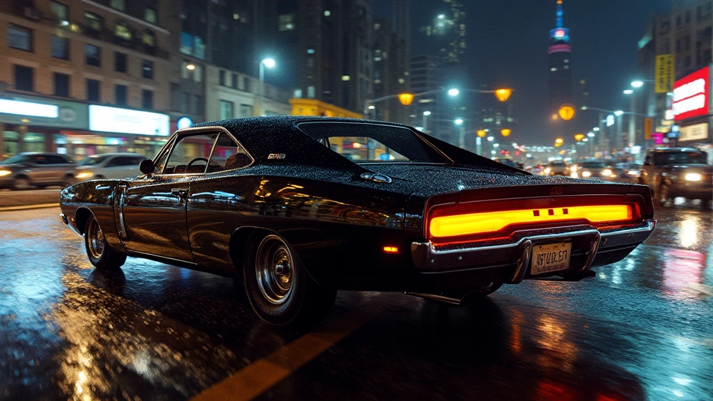 A shiny, midnight black Dodge Charger R/T with glowing yellow taillights speeding down a glistening city street on a rainy night. The sleek vehicle reflects the vibrant lights from the surrounding urban landscape, creating a dramatic and dynamic scene full of motion and power.