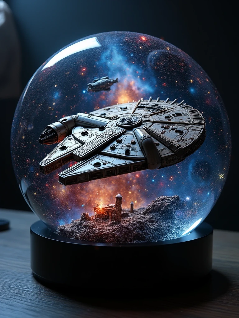 A round glass sphere measuring 12 inches in diameter, with a glowing galaxy and the spaceship 'The Millennium Falcon' inside featuring intricate details of swirling stars, colorful nebulas, and planetary systems. The glass sphere is placed on a sleek black base, illuminated by soft spotlighting to enhance the photorealistic quality of the galaxy within.