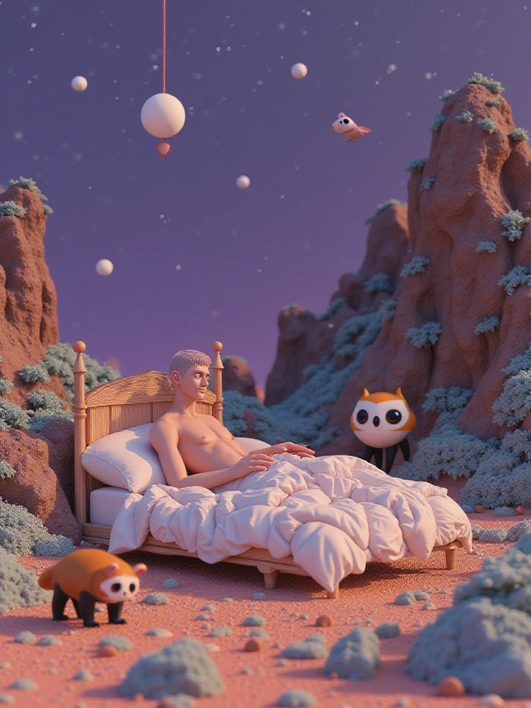 An otherworldly landscape inspired by Salvador Dali's surreal style, where a whimsical muscle shirtless man lying in bed is placed under a starry purple sky, surrounded by bizarre and dreamlike scenery with creatures as brown owls and red pandas cub . Hyper detailed.