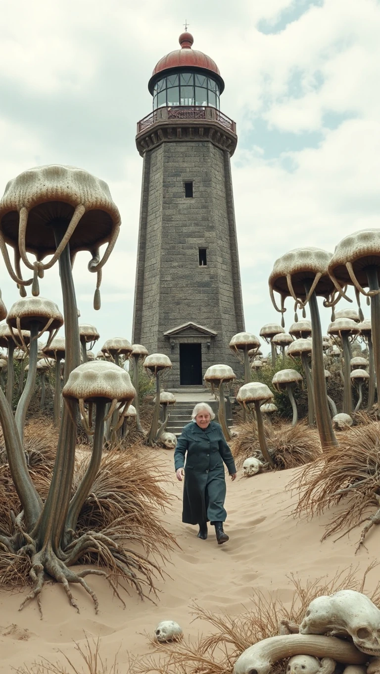 Old stone northern English lighthouse. Old woman b…