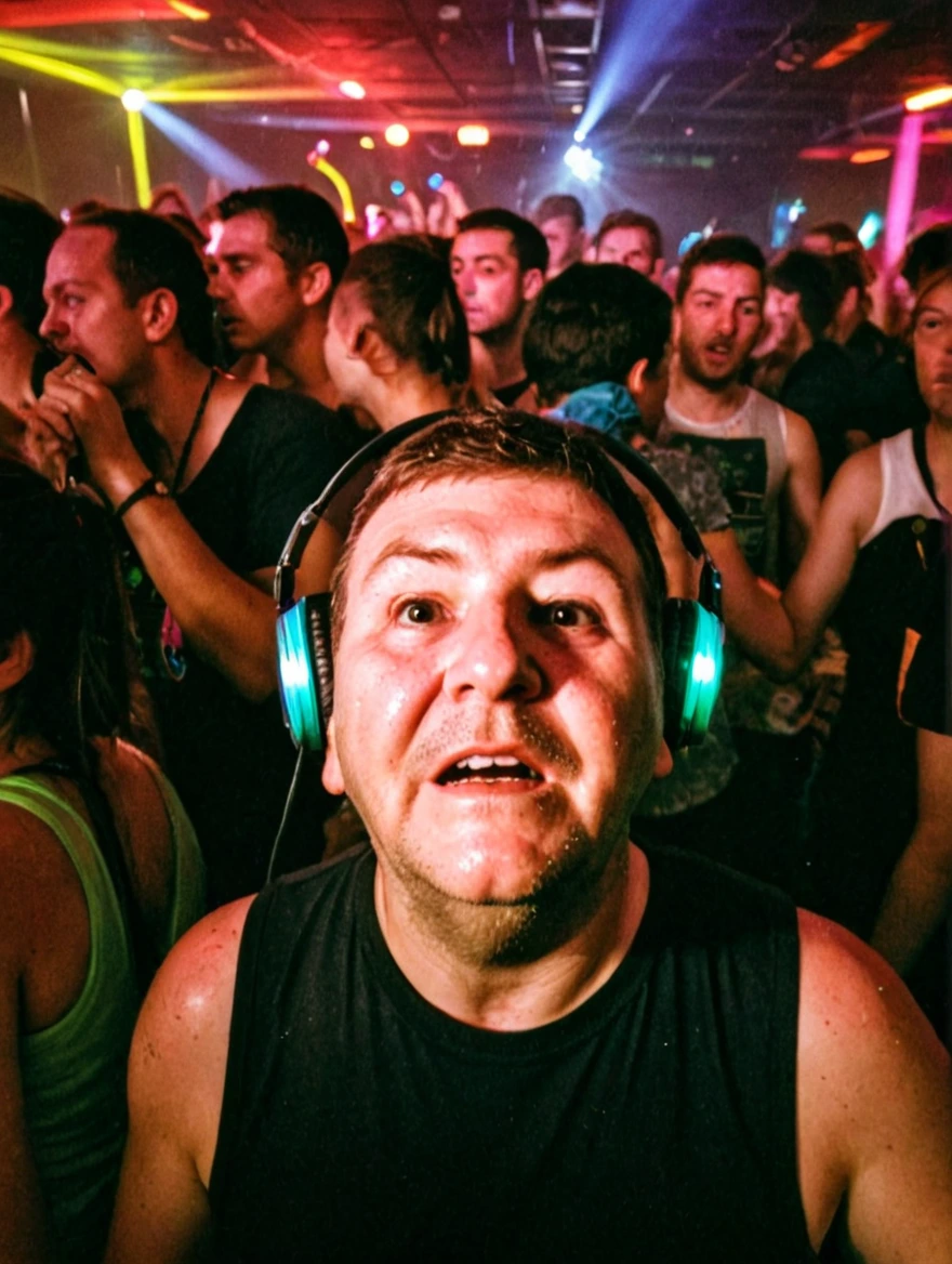 iPhone photo at a rave at 2am looking sweaty and tired