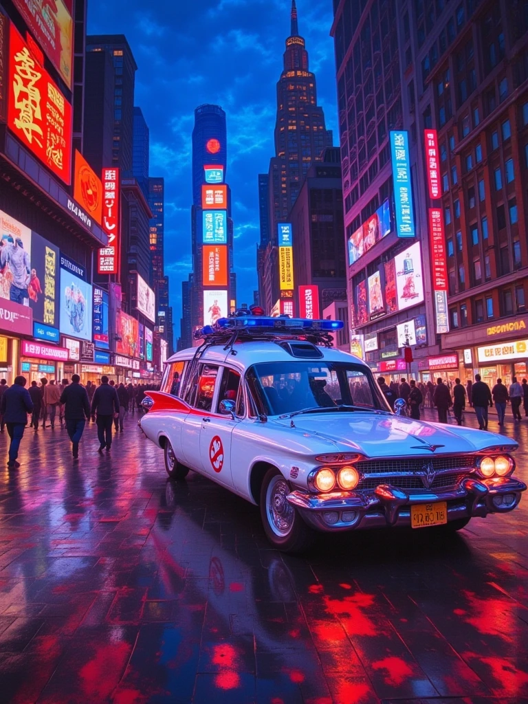 A surreal oil painting depicting the iconic white Ecto-1 ghostbusting vehicle in a vibrant cityscape at dusk. The artist's intricate brushstrokes and dynamic colors bring the vehicle to life, ready to drive off the canvas. Colors and shadows play on the polished wooden floor, creating a mesmerizing and immersive cinematic experience. Surrealist style, fantastical, highly detailed, dreamy, colorful, magical, cinematic wonder, lifelike quality, vibrant hues, bustling cityscape, oil painting with visible brush strokes.as the painting is coming to life into the living room