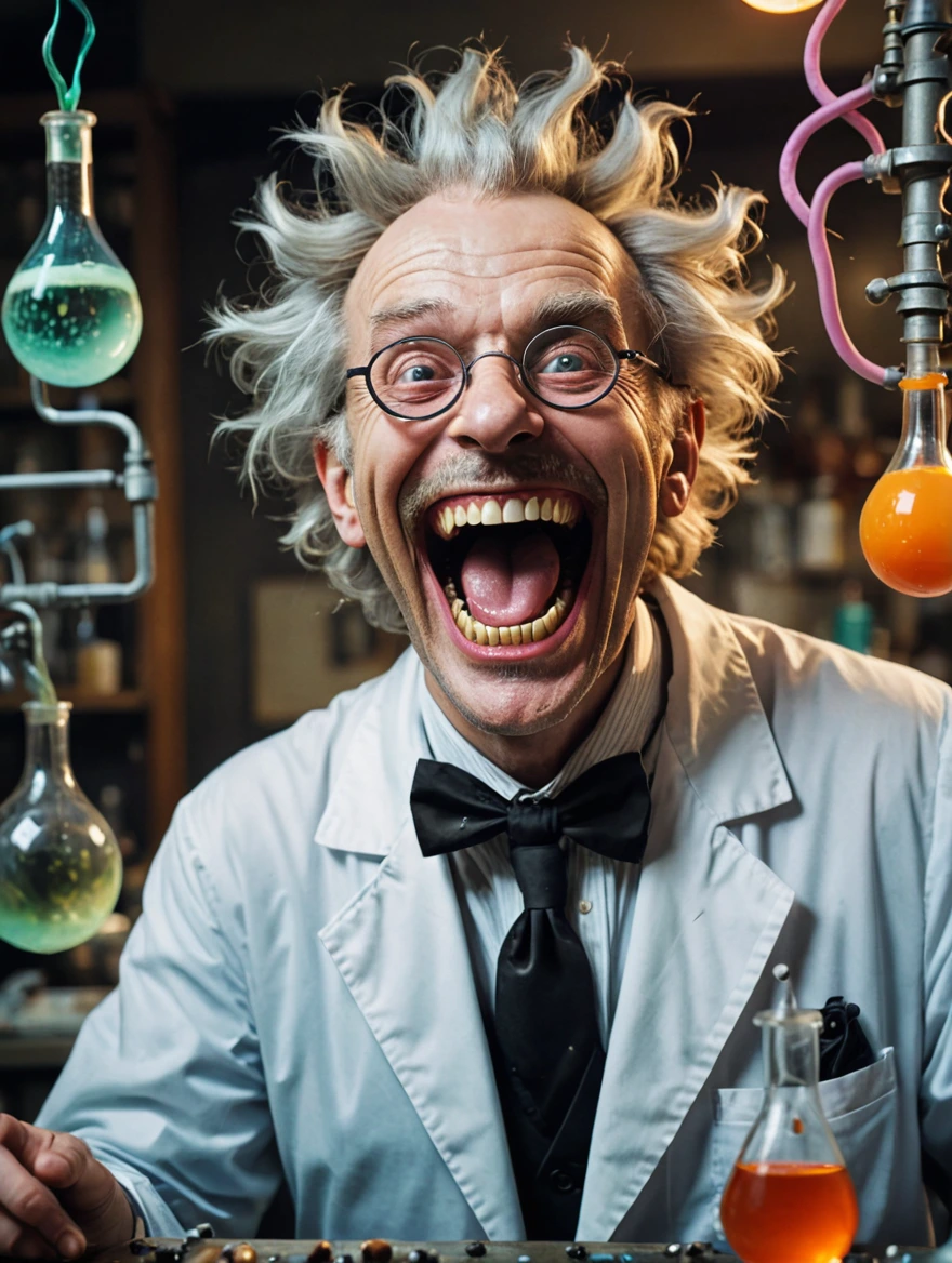 A mad scientist is laughing in joy at his monstrous creation spooky vibe, surrealist style, fantastical, magical, unexpected, super detail, dreamy lo-fi photography, colorful