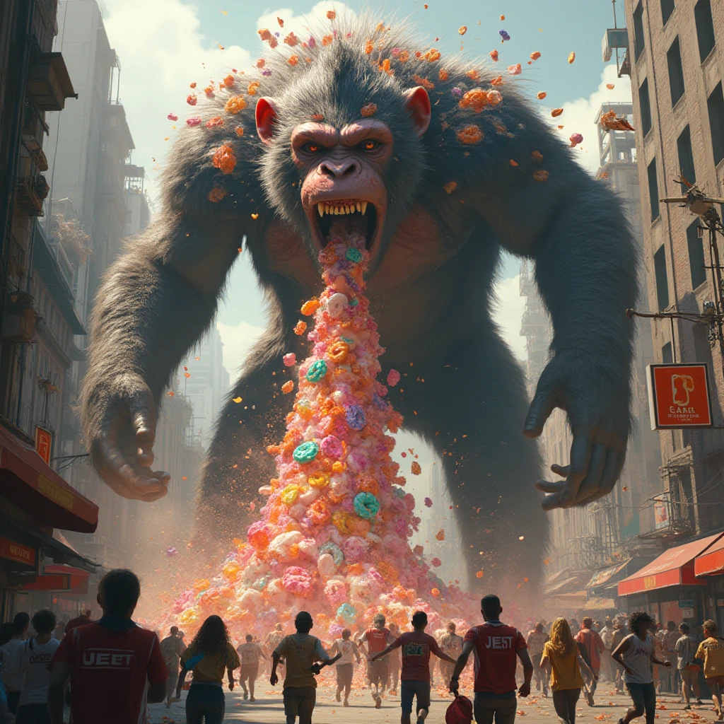 A towering, larger-than-life beautiful Monkey , gleaming with power and mischief, unleashes a vibrant stream of assorted donut chunks vomit from its jaws. The chaotic scene with people running with the word "JEET" on their shirt, unfolds in a bustling cityscape below, with buildings crumbling and colorful magic adding an element of destruction in this photorealistic depiction.