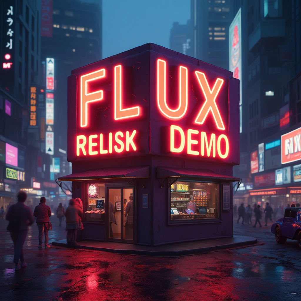 A cuboid building featuring the text "Flux Realism Demo" in large, glowing letters, set against a backdrop of a bustling city filled with ambient noise. The scene is vibrant and dynamic, capturing the essence of an urban environment.