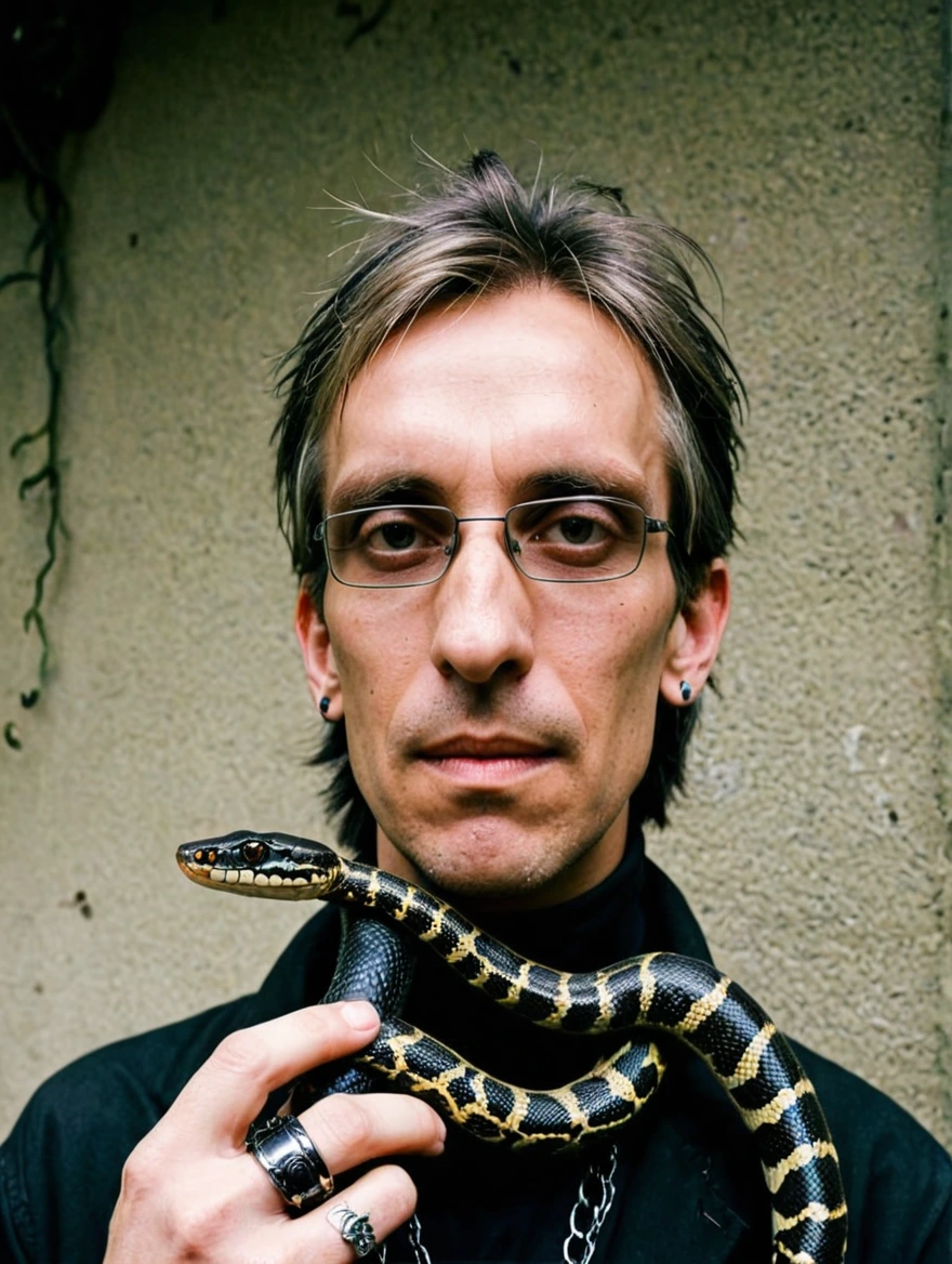 A male goth with piercings and a pet snake