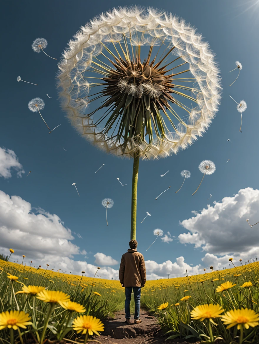 tiny man standing under a giant dandelion