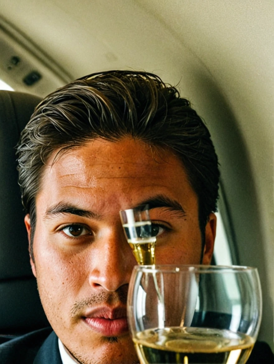 man drinking champagne on a private jet