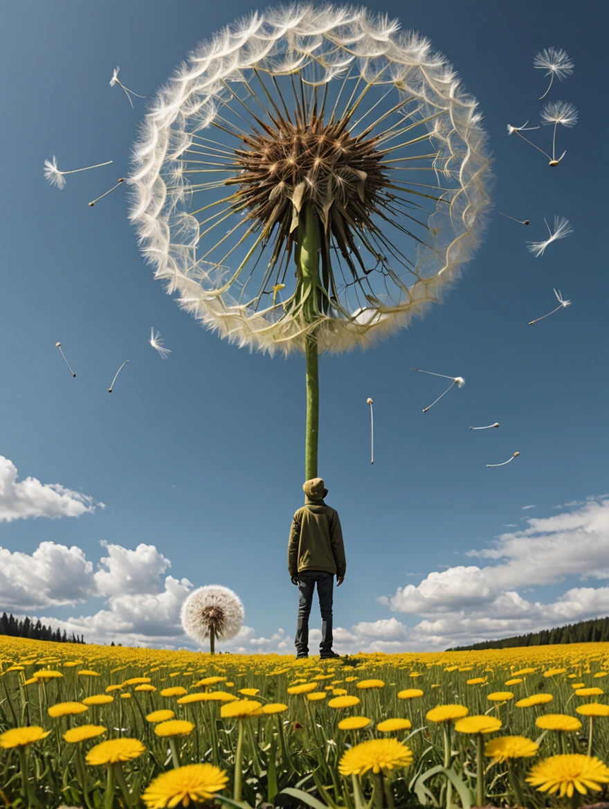 tiny man standing under a giant dandelion