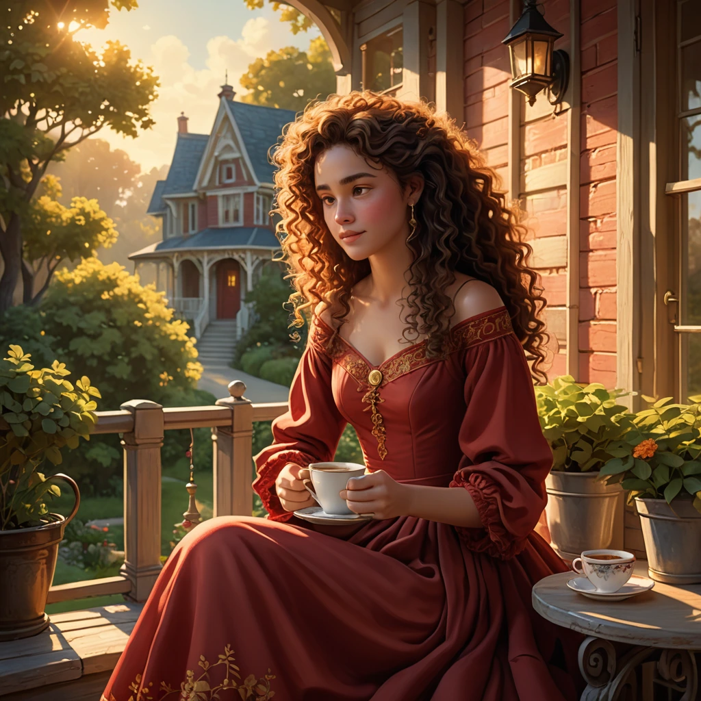 A stunning young woman with voluminous curly hair, wearing a long red dress sitting on a quaint porch bathed in golden morning light. She delicately holds a steaming cup of coffee, her serene expression reflecting the peaceful start to her day. A charming wallpaper behind her reads "Good morning", adding a touch of coziness to the scene. The composition captures a moment of tranquil beauty and warmth. 3	d. Pixar