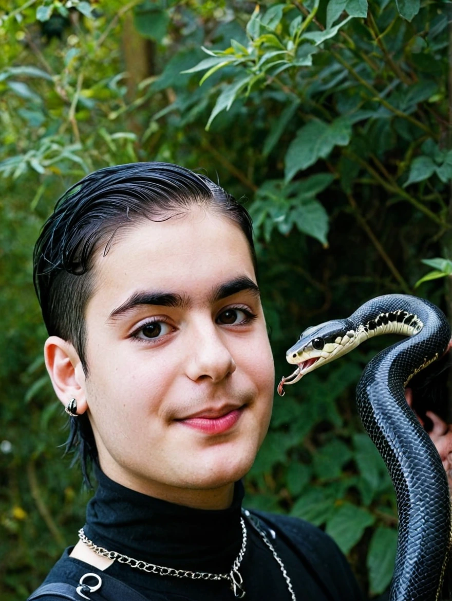 A male goth with piercings and a pet snake