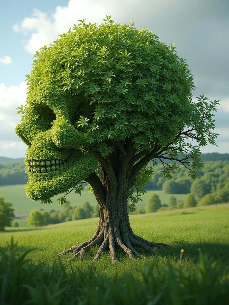 photo of a tree from a distance. The leaves form the very subtle shape of a skull.