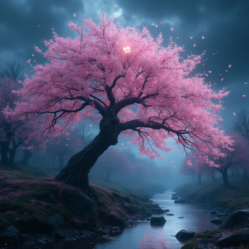 Generate a high-resolution, photorealistic image of a beautiful cherry tree in full bloom by a stream in a thunderstorm, petals floating and covering the surrounding ground. The arrangement of windswept blossoms and boughs against the stormy sky creates the illusion of a haunting visage in the canopy, perhaps a demonic skull-like shape formed by flash lighting on the blossoms as the branches are blown by strong swirling winds.
, hyper-detailed, night, rendered in 8k resolution.