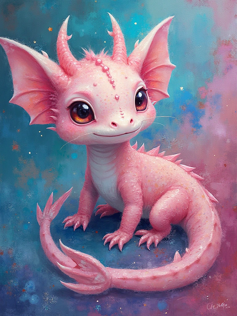 Create a close-up of an adorable chibi salamander dragon with a mesmerizing blend of pastel alcohol ink and acrylic glitter paint, painting inspired by the whimsical styles of Michael Cheval, Luis Royo, and Mucha reminiscent mashup of Nordic and Scandinavian art styles. Vibrant colors blend in intricate swirls, creating a dreamy, ethereal background reminiscent of a mystical Candyland. Subtle grunge elements add a touch of dark charm, while hints of a benevolence whimsical appearance float through the composition. The distinctive styles of each artist intertwine, inviting viewers into an enchanting, otherworldly realm of artistic wonder.